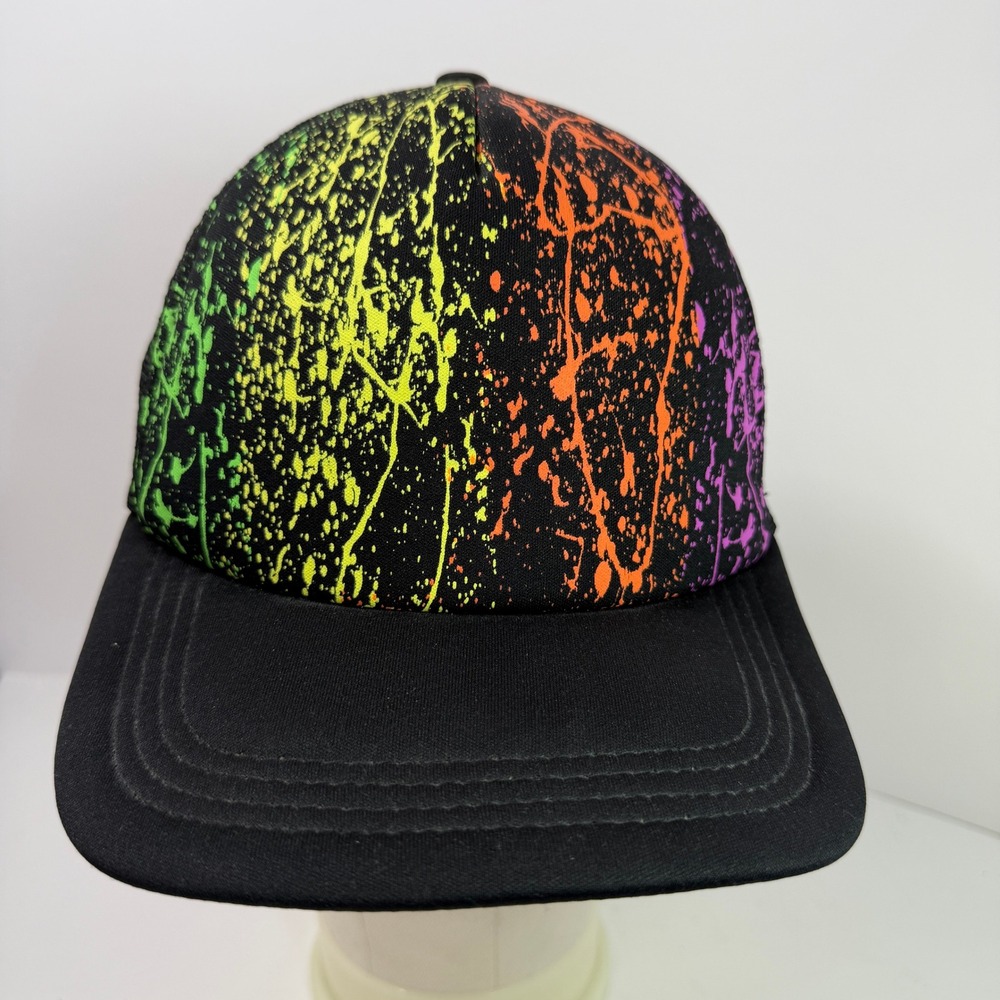 90s 80s Neon Paint Splatter Trucker Hat Black Mesh Snapback Foam Cap Retro Style